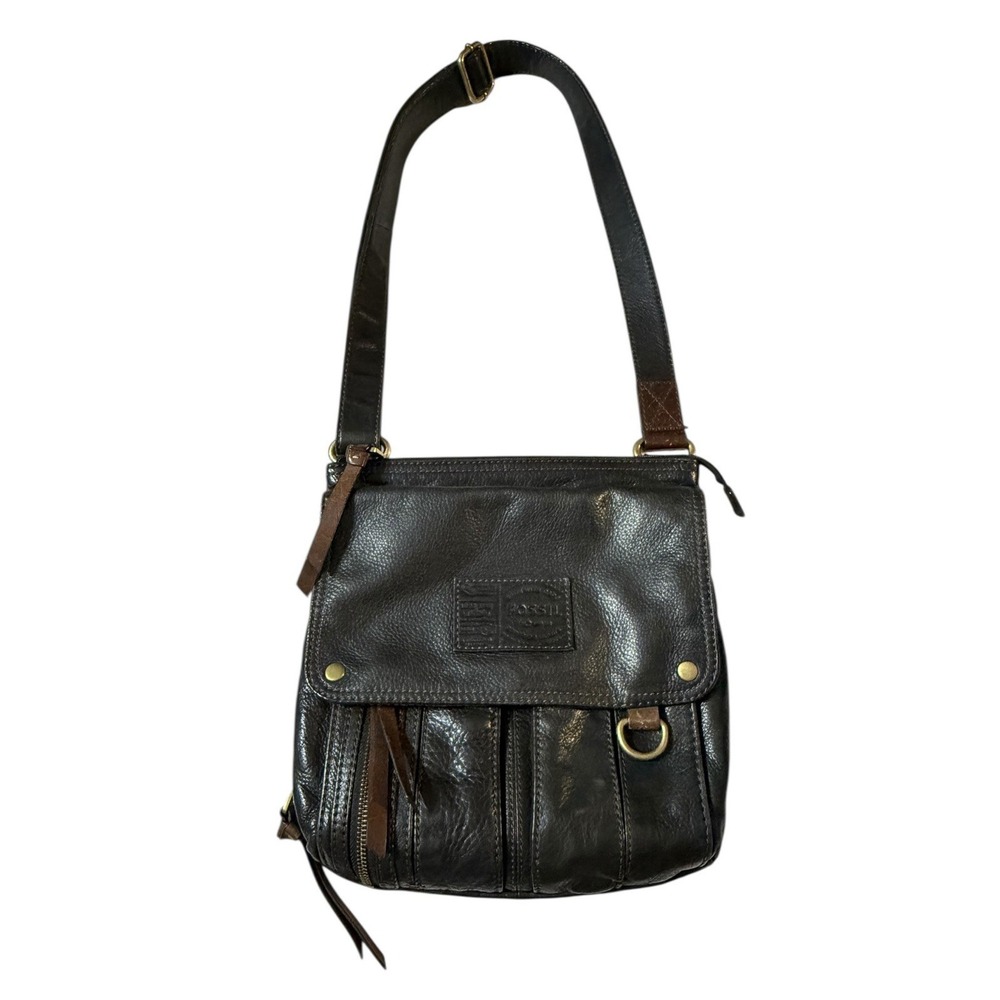 Vintage Fossil Morgan Traveler Black Brown Soft Leather Organizer Crossbody Bag